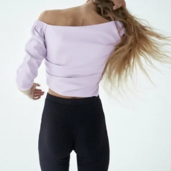 Zara Faux Leather One Shoulder 3/4 Sleeve Cropped Top  - Size Small in Lilac - Picture 7 of 7